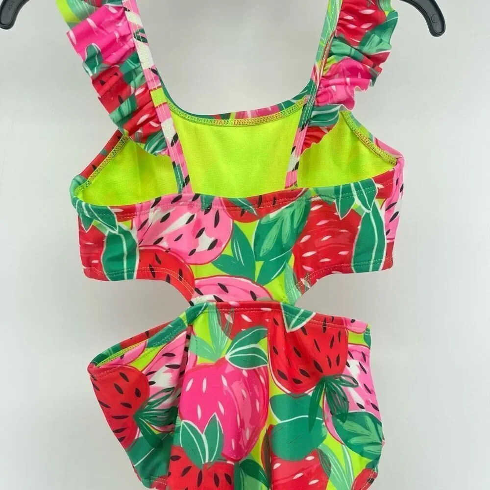 Cat & Jack Girls Pink Sweet Strawberry Print Ruffle Strap Cutout Swimsuit XS 4/5